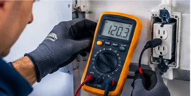 Electrician testing an outlet with a multimeter