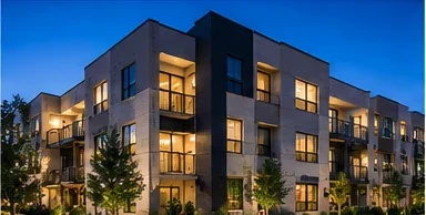 Multi-story apartment building at dusk